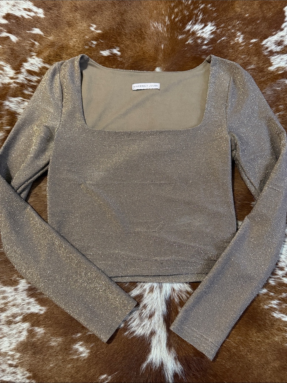 Sincerly Jules Shimmery Taupe Square-Neck Long Sleeve Top